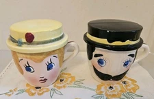 Vintage 1960s Ceramic Mom Pop Coffee Tea Cup Set Ash Tray Tops Japan