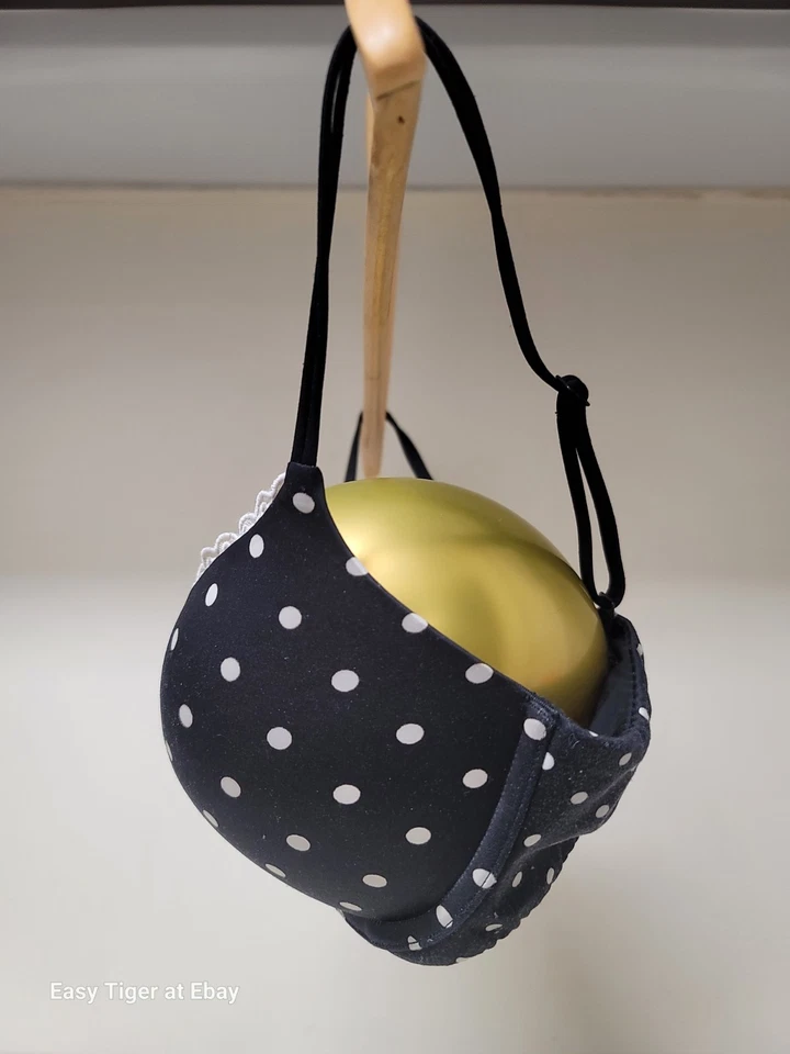 GUC VICTORIA SECRET Very SEXY Push Up 34C Bra SATIN Black White Polka Dots Lace - Image 3 of 4