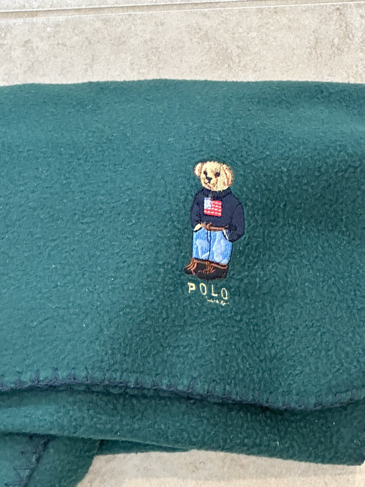 Ralph Lauren Polo Teddy Bear Fleece Throw Blanket Green Navy Edging