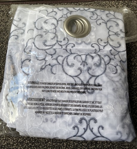 Jin Chan Window Treatment Curtains Embroidered Sheer Drapes 95” Long White Navy - Picture 3 of 3