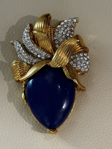 Rare Vintage Joan Boyce 3” Brooch Or Pendant Lapis Glass Cabochon Rhinestone - Picture 2 of 18