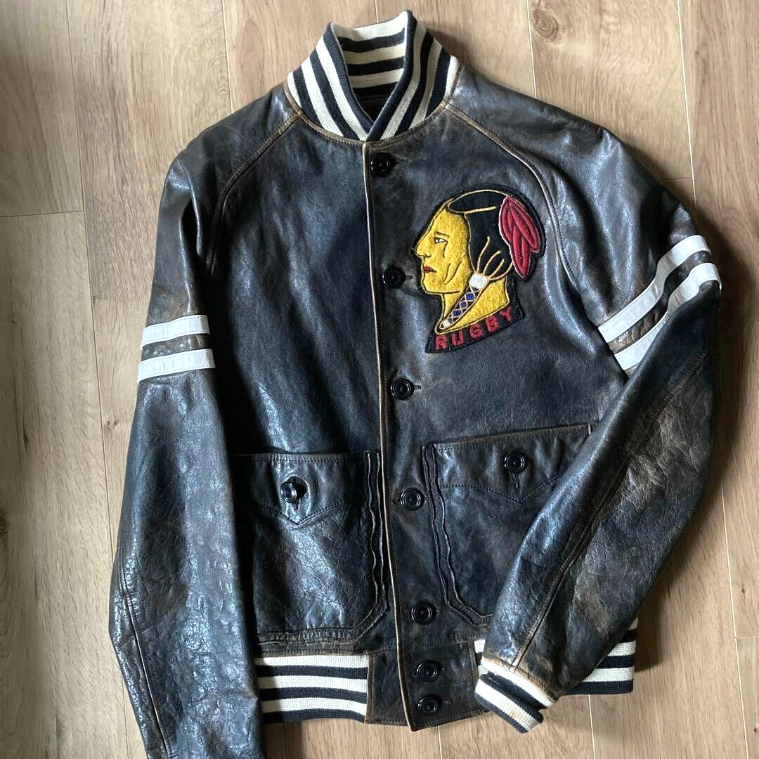 Vintage RALPH LAUREN RUGBY Varsity Jacket Leather Indian