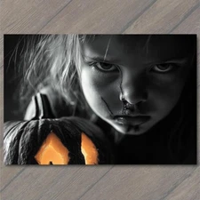 POSTCARD Child with Scary Pumpkin Creepy Halloween Horror Theme Evil Spooky Fun