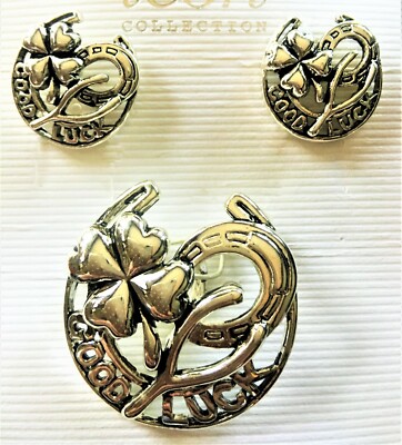 SILVERTONE SLIDE PENDANT EARRING PIN SCARF CLIP SET GOOD LUCK HORSEHOE 4 CLOVER
