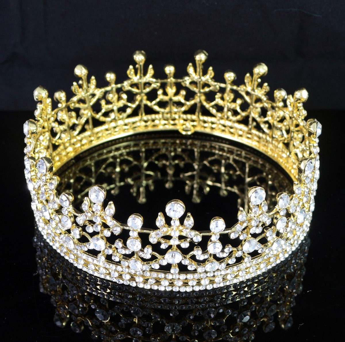 Rhinestones Pageant Round Crown, Gold Baroque Round Gold Luxury Pageant Rhinestone Crystal Tiaras main image 2