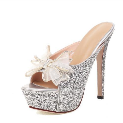 PANTOFOLA D’ORO Ciabatta donna paillettes stiletto tacco alto punta aperta plateau fiocco scarpe festa