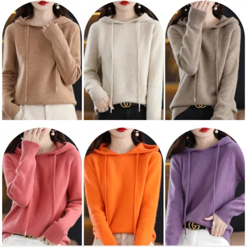 Winter Women Cashmere Sweater Casual Hoodie Pullover Hooded Knitted Tops Jumper - Picture 4 of 28