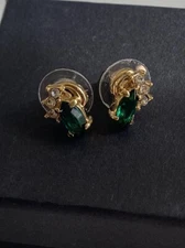 Gold Tone Earrings With Green And Clear Rhinestones