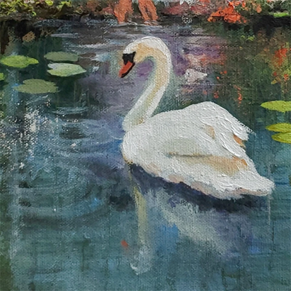 YARY DLUHOS Woman Lily Pond Swan Garden Landscape Original Art Oil Painting - Image 2 of 4