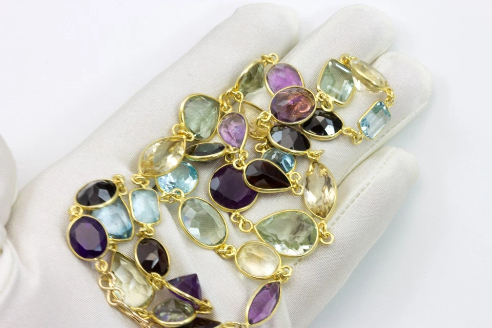 Collar Múltiples Piedras Preciosas Bisel Grande Granate Topacio 14k Vermeil Oro Amarillo 24 " Foto 3 de 3