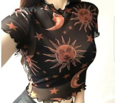Celestial Mesh Top Short Sleeve Mock Neck Stars Witchy Goth Black White
