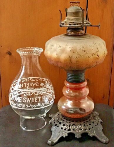 Antique Oil Lamp Frosted Font & Glass stacked base - Home Sweet Home chimney  - Picture 1 of 12