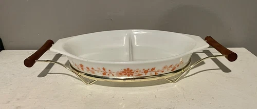 Pyrex 1965 Promotional Orange Floral 1-1/2 Qt Oval Divided Dish w/Cradle