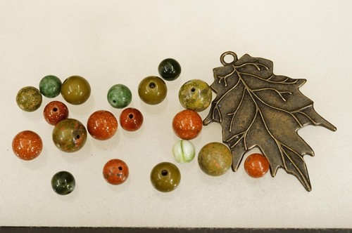 Artisan Jewelry Supply Lot Goldstone Unakite Gemstone Beads & Metal Leaf Pendant