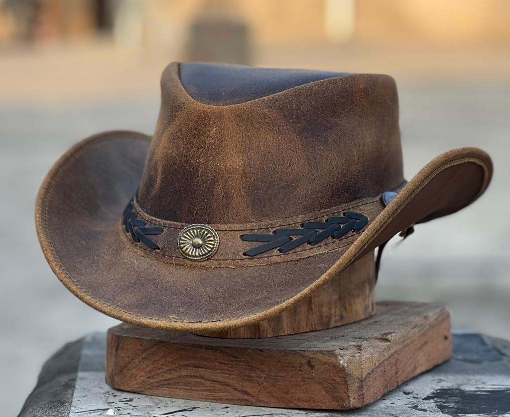 Distressed Brown Leather Cowboy Hat Western Concho Band Rustic Outback Style