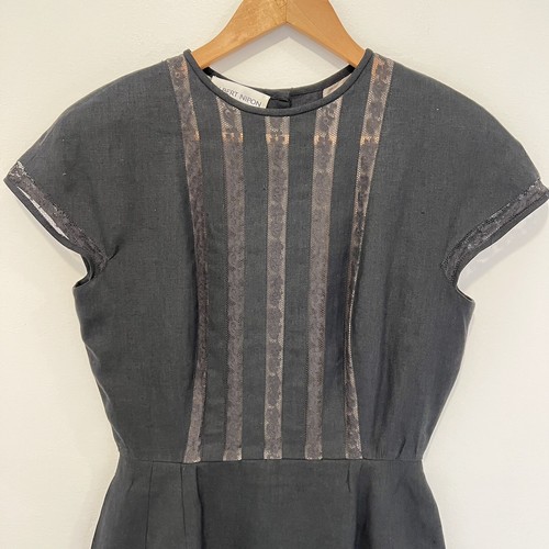 Albert Nipon Vintage Linen Black Lace Detail Knee Length Dress Size 6 - Picture 3 of 9