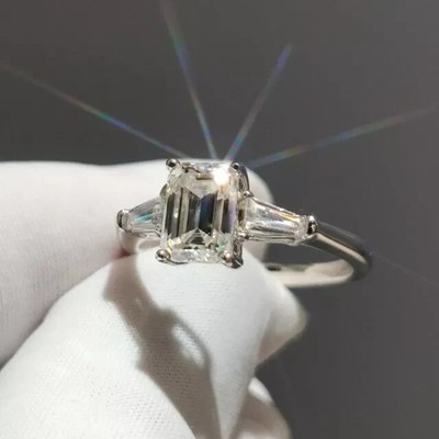 14k White Gold Plated 2.90Ct Emerald Cut Simulated Diamond Engagement Ring
