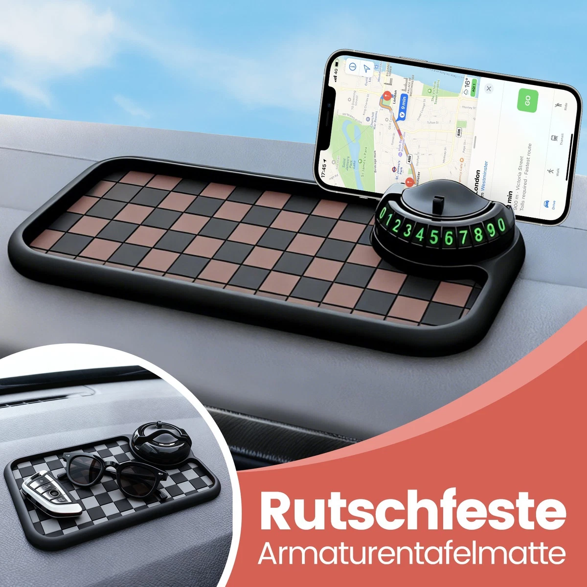 VBGURR Accessorio multifunzione per cruscotto, tappetino antiscivolo per cruscotto auto, con supporto girevole a 360°, per cellulari, chiavi, gadget