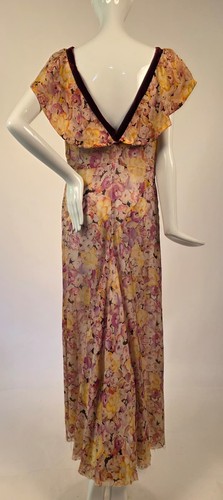 GLAM VINTAGE 1930’S RICH FLORAL PRINT SILK GAUZE DRESS W RUFFLE + VELVET - Picture 6 of 8