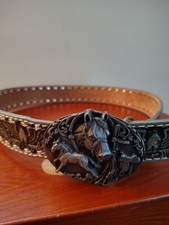 Vtg Belt Buckle Horses Silver Tone 1988 Siskiyou With Design Belt Sz 36