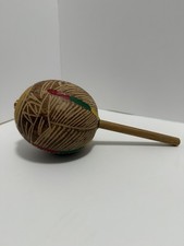 Maracas 1 Coconut Gourd Bamboo Handle Carved Birds Jamaica Hand Painted Guiro