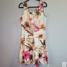 Talbots Dress Women’s Size 16 White Pink Brown Floral Sleeveless Fit And Flare