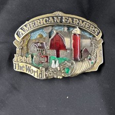 Solid Brass American Farmers Feed The World 1984 Vintage Belt Buckle Made In USA