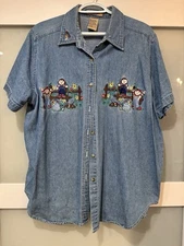 Just My Size Denim Shirt Womens 14W/16W Blue Embroidered Short Sleeve Casual