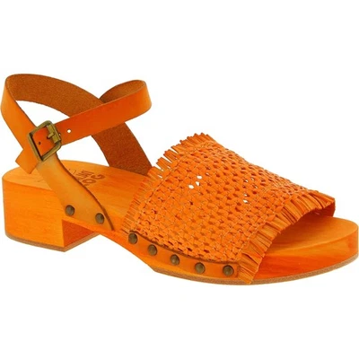Sabot femme orange en bois avec bande cuir veritable tressé semelle en cuir - Photo 1/4