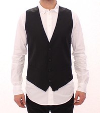 Dolce&Gabbana Men Black Waistcoat Wool Striped Full Button Slim Suit Vest IT 48