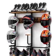Motorcycle Helmet Rack Wall Mounted Holder w/ 6 J-hooks & 6 Clip Hooks
