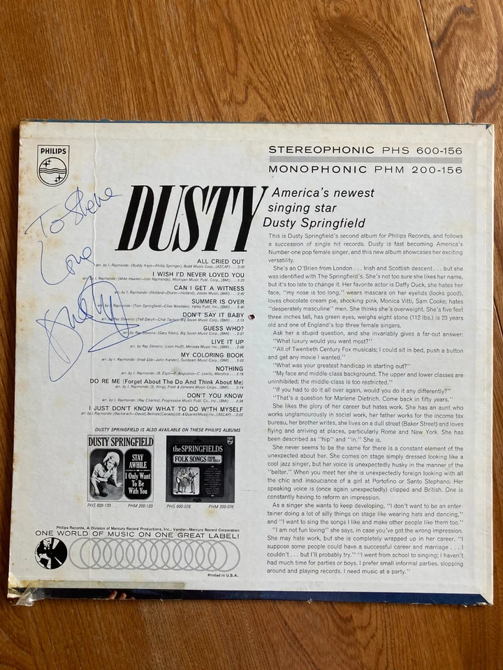 *SIGNED* DUSTY SPRINGFIELD US Dusty lp 1964 Stereo AUTOGRAPH - Image 2 of 4