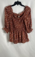 Max Studio Women's Rust Red Floral Smocked Peasant Blouse Long Sleeve NWT Sz L