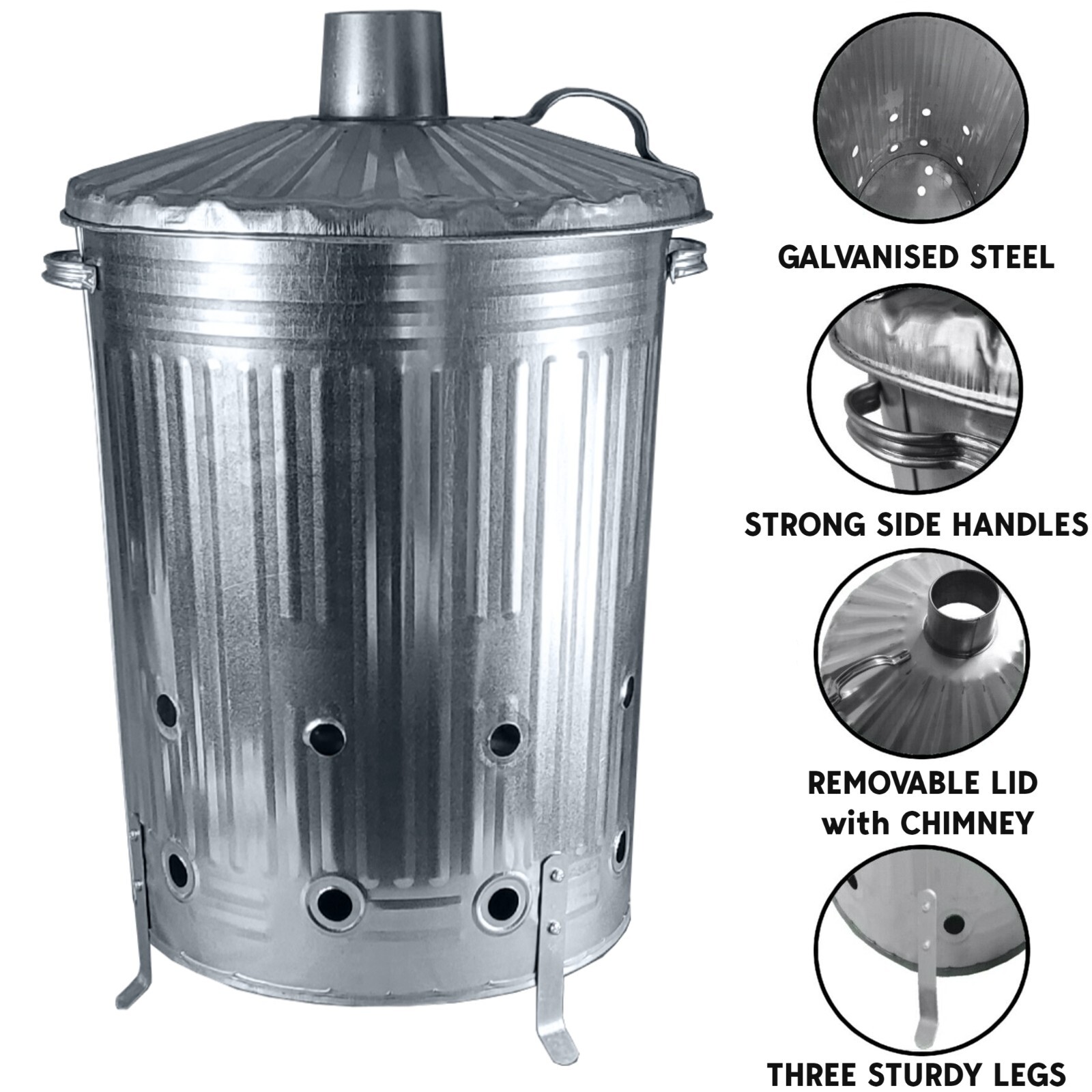 LARGE 90L INCINERATOR FIRE BIN GALVANISED GARDEN BURNING RUBBISH TRASH ...