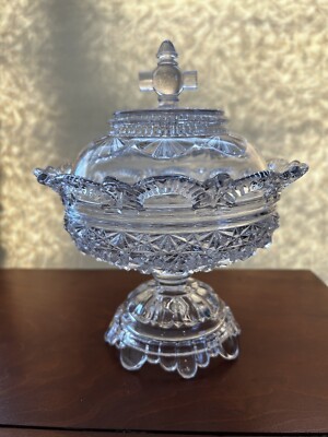 Antique Belmont Pedestal Glass Daisy And Button Comport Or Compote and Lid 1800s