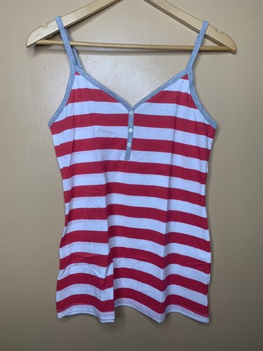 Old Navy Women Size Small Tank Top V Neck Red White Striped Spaghetti Strap - Picture 3 of 14