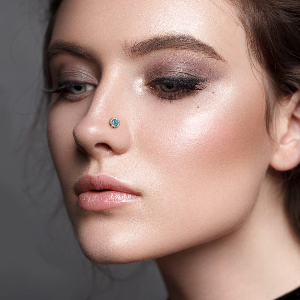 Anillo de perno prisionero nariz curva L acero quirúrgico 316L ópalo L, gemas circonita cúbica anillo calibre 20 Foto 3 de 4