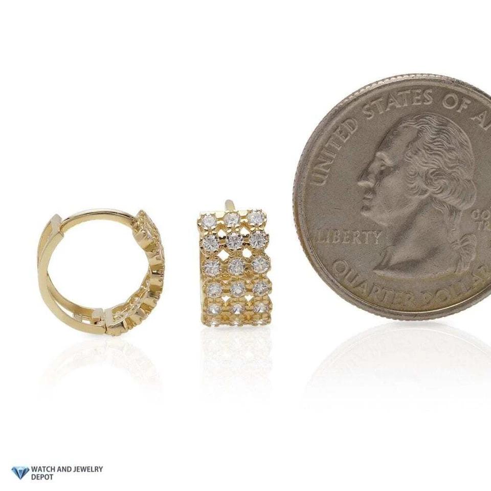 1Ct White Stone 14K Yellow Gold 3 Row Huggie Hoop Earrings 0.5" - Image 3 of 4