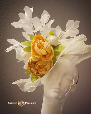 Royal Ascot Fascinator Kentucky Derby Hat Orange Cream Green  display picture 2