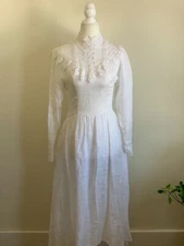 Vtg Victorian Maxi Gown Dress Lace White S Cottage 70s Edwardian Prairie