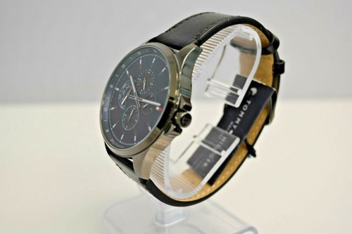 New Tommy Hilfiger Black Leather Blue Dial Gunmetal 1791616 $145 Watch - Picture 2 of 5