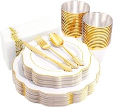 Gold colored plastic plates and disposable silverware