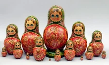 VINTAGE 12" RUSSIAN NESTING DOLL  15 PCS "OLD RUSSIAN PATTERNS"  90-s Signed