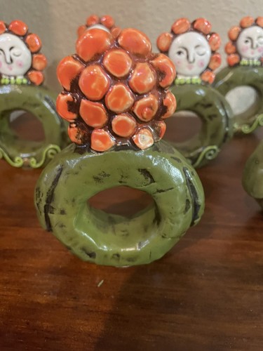Set Of 7 “RARE” Vtg Fitz & Floyd Napkin Ring Green Orange Girl Marked - Picture 3 of 4