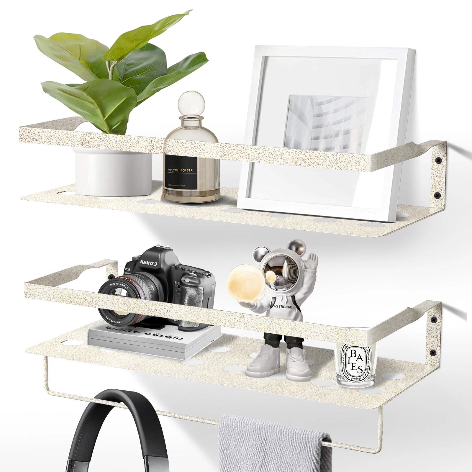 Uten 2PC Floating Shelves Wall Mounted Iron Shelves w/ Towel Rack For Bathroom