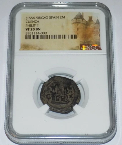 NGC 1556-98 CXO CUENCA PHILIP II VF 20 BN VF20 SPAIN Two MARAVEDIS Graded Coin