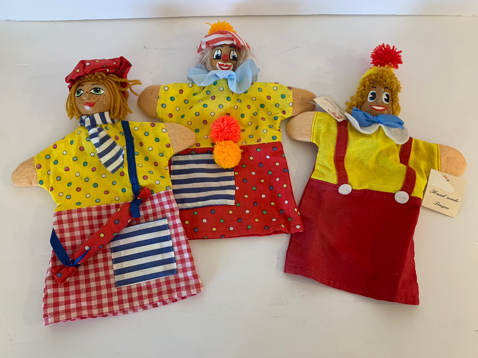 Lot 3 Vintage Clown Hand Puppets Wood Baker Pinocchio Handmade In Czech Prague