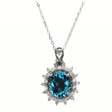6.80 Ct Natural Swiss Blue Topaz and Diamond 14K Solid White Gold Necklace
