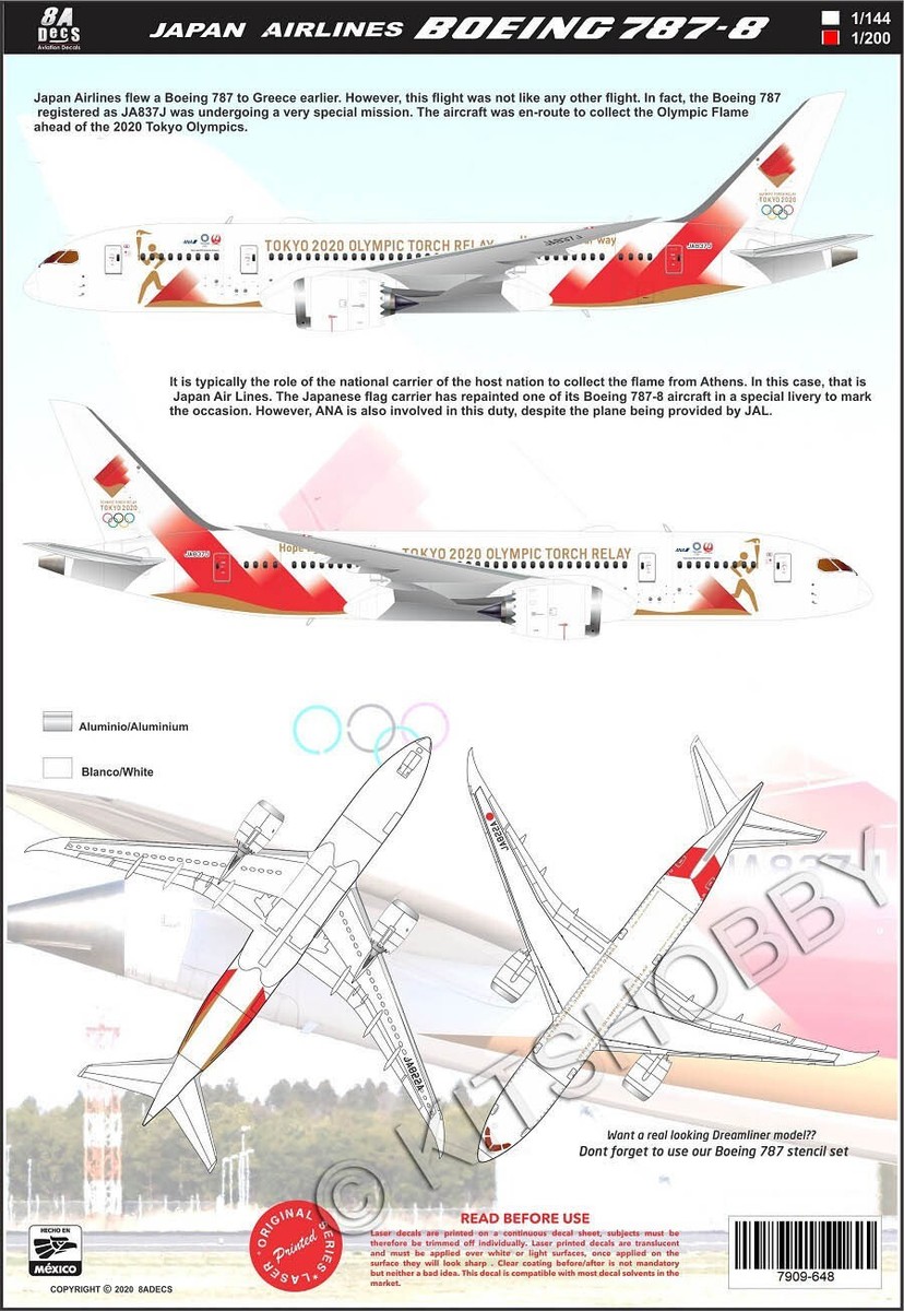 [新品]Boeing 787-8 日本航空 1:200 おまけ　シール付き 8A Decals 1/200 Boeing 787-8 - Japan Airlines Tokyo 2020 - Laser