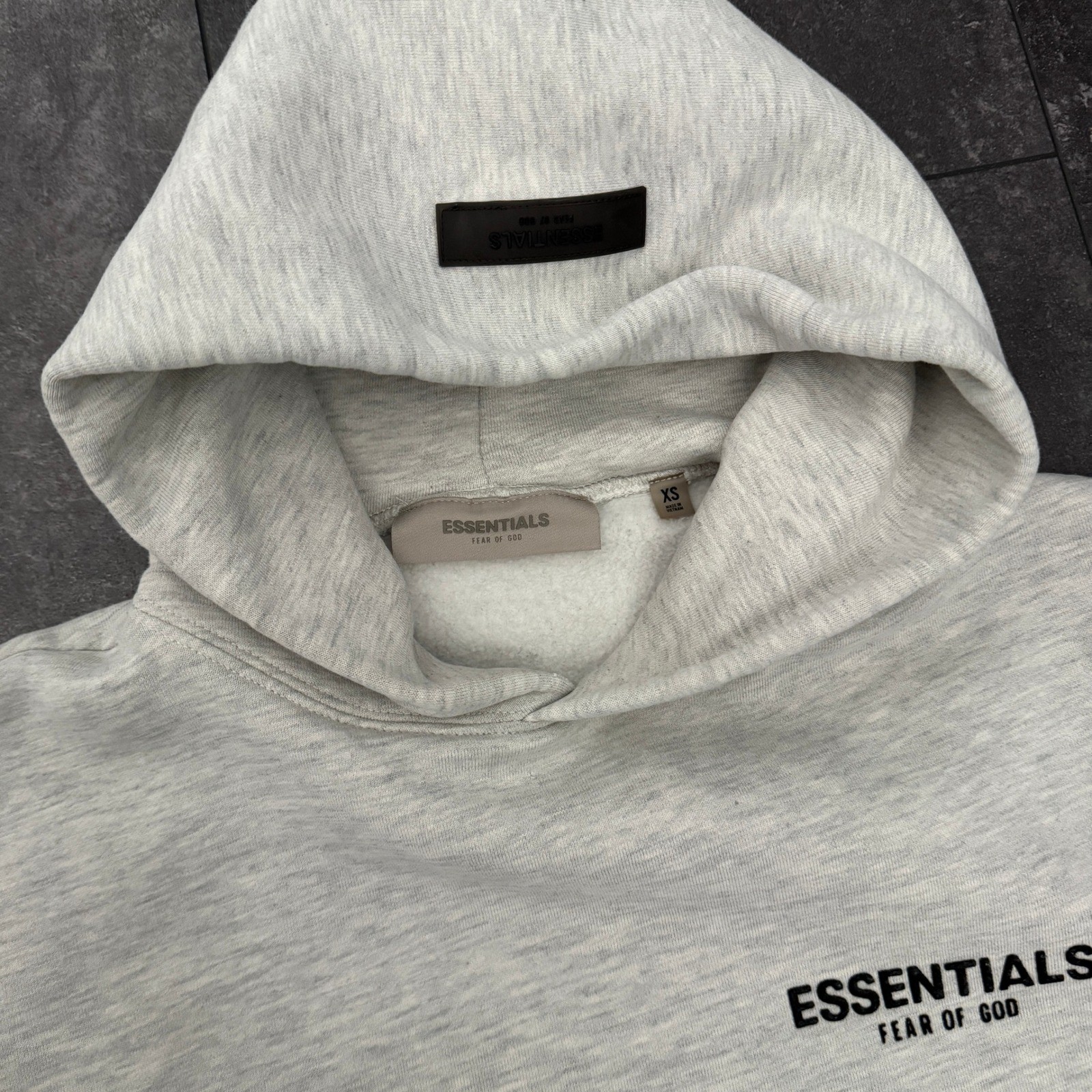 Fear of God Essentials Hoodie Heather Oatmeal Grey XS Small Logo Pullover thumbnail 2